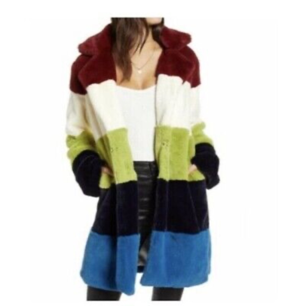 NEW WITH TAGS BLANK NYC FAUX FUR COLOR BLOCK STRIPED COAT NWT SZ MEDIUM! AWESOME